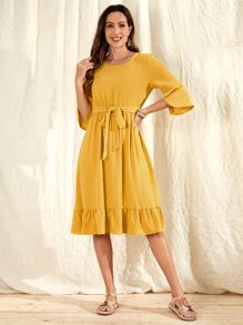 EMERY ROSE Vestido con cinturón de manga con volante bajo con fruncido - Amarillo - Ver 5