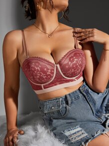 Plus Floral Lace Underwire Bra - Rose Red - View 1