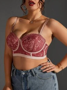 Plus Floral Lace Underwire Bra - Rose Red - View 3