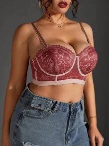 Plus Floral Lace Underwire Bra - Rose Red - View 4