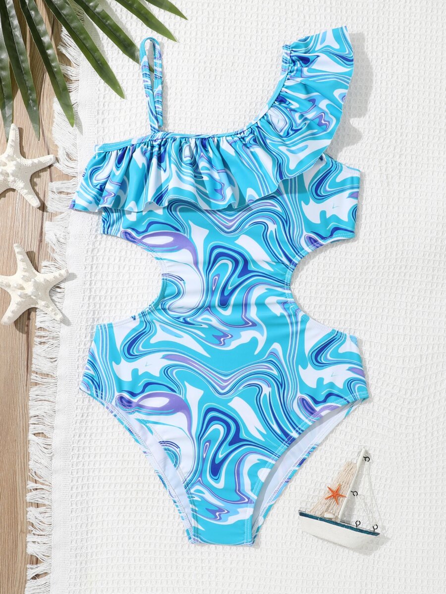 青少年女孩液體圖案鏤空荷葉邊連體泳衣