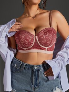 Plus Floral Lace Underwire Bra - Rose Red - View 6