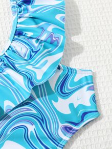 青少年女孩液體圖案鏤空荷葉邊連體泳衣