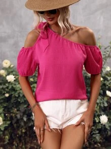 SHEIN Privé Asymmetrical Neck Knot Detail Blouse - Hot Pink - View 1