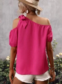 SHEIN Privé Asymmetrical Neck Knot Detail Blouse - Hot Pink - View 2