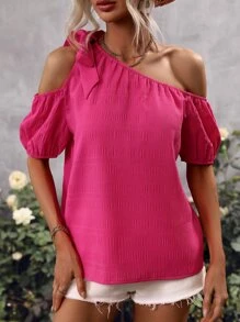 SHEIN Privé Asymmetrical Neck Knot Detail Blouse - Hot Pink - View 3