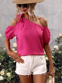 SHEIN Privé Asymmetrical Neck Knot Detail Blouse - Hot Pink - View 6