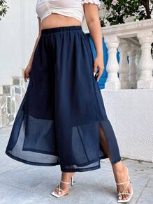 Calvaya Pantalones de pierna ancha bajo con abertura - Azul Marino - Ver 3