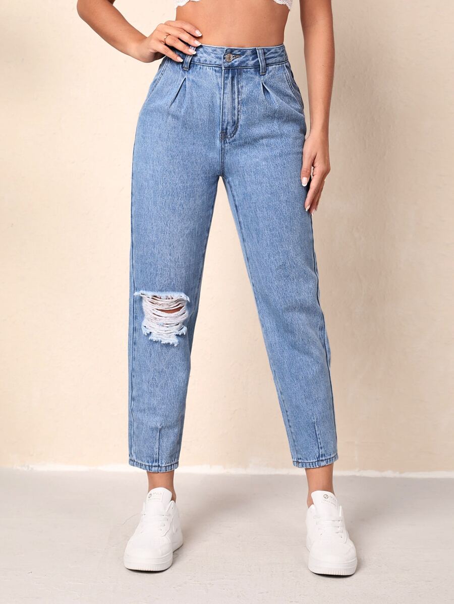 Ripped Mom Fit Jeans - Light Wash - View 1