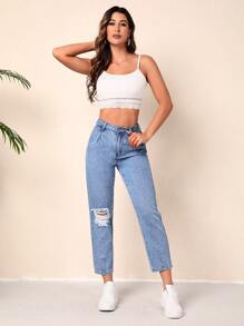 Ripped Mom Fit Jeans - Light Wash - View 4