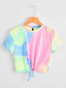 SHEIN EZwear Camiseta de tie dye bajo con nudo - Multicolor - Ver 1