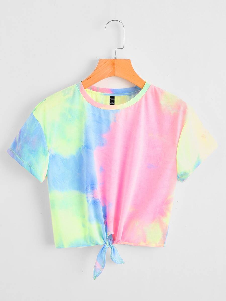 SHEIN EZwear Camiseta de tie dye bajo con nudo - Multicolor - Ver 1