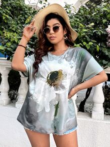 SHEIN LUNE Camiseta de hombros caídos con estampado floral - Multicolor - Ver 2