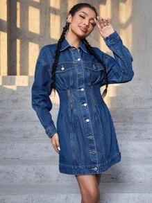 Drop Shoulder Flap Pocket Denim Dress - Dark Wash - View 2