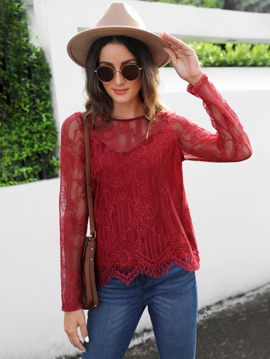 SHEIN Clasi Áo nữ Nút cắt màu trơn Thanh lịch - Màu Đỏ Sâu - Xem 1