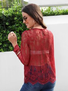 SHEIN Clasi Áo nữ Nút cắt màu trơn Thanh lịch - Màu Đỏ Sâu - Xem 2