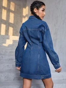 Drop Shoulder Flap Pocket Denim Dress - Dark Wash - View 3