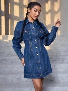 Drop Shoulder Flap Pocket Denim Dress - Dark Wash - View 5