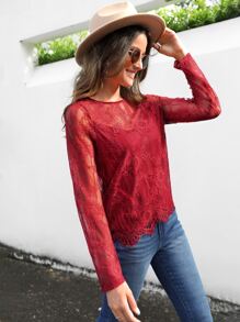 SHEIN Clasi Áo nữ Nút cắt màu trơn Thanh lịch - Màu Đỏ Sâu - Xem 4