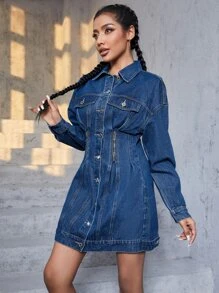 Drop Shoulder Flap Pocket Denim Dress - Dark Wash - View 4