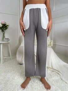 Two Tone Elastic Waist Slant Pocket Lounge Trousers - Multicolor - View 5