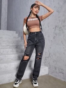 Quần jean nữ Nút Túi Hem thô Bị tách Dây kéo màu trơn - màu đen - Xem 4