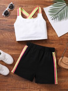 Girls Block Striped Tape Panel Cami Top & Shorts - Black and White - View 1