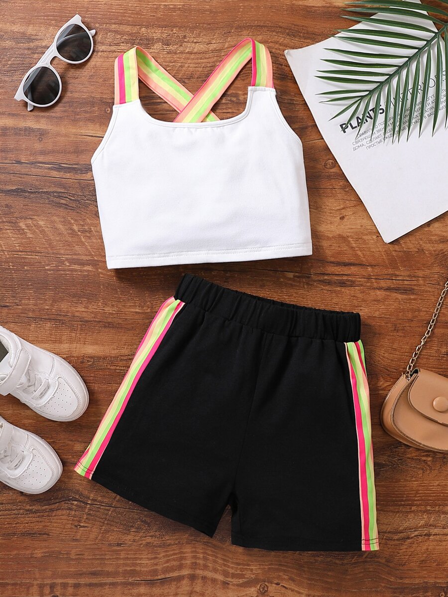 Girls Block Striped Tape Panel Cami Top & Shorts - Black and White - View 1