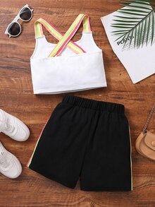 Girls Block Striped Tape Panel Cami Top & Shorts - Black and White - View 2