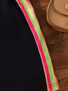 Girls Block Striped Tape Panel Cami Top & Shorts - Black and White - View 4