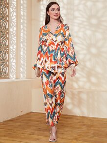 Mulvari Geo Print Lantern Sleeve Top & Pants - Multicolor - View 1