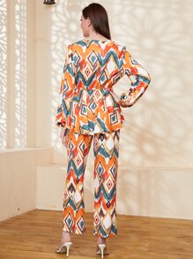 Mulvari Geo Print Lantern Sleeve Top & Pants - Multicolor - View 2