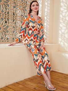 Mulvari Geo Print Lantern Sleeve Top & Pants - Multicolor - View 4