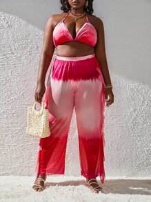 Conjunto de bikini triangular de tinte anudado de talla grande con corbata al cuello y pantalones cubre-sujetador con ribete de volantes para playa de verano