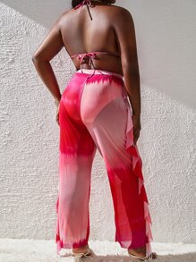 Conjunto de bikini triangular de tinte anudado de talla grande con corbata al cuello y pantalones cubre-sujetador con ribete de volantes para playa de verano