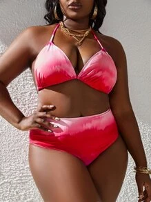 Conjunto de bikini triangular de tinte anudado de talla grande con corbata al cuello y pantalones cubre-sujetador con ribete de volantes para playa de verano