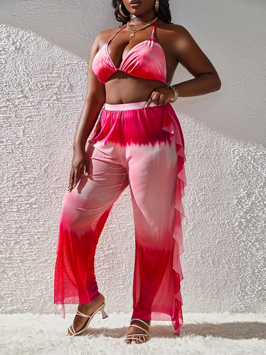 Conjunto de bikini triangular de tinte anudado de talla grande con corbata al cuello y pantalones cubre-sujetador con ribete de volantes para playa de verano