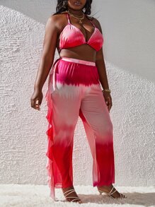 Conjunto de bikini triangular de tinte anudado de talla grande con corbata al cuello y pantalones cubre-sujetador con ribete de volantes para playa de verano