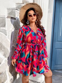 SHEIN Holidaya Plus Allover Print Lantern Sleeve Belted Dress - Multicolor - View 3