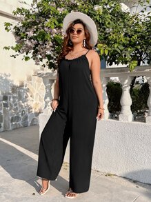 SHEIN Holidaya 大碼後背繫帶闊腿吊帶連體褲 - 黑色 - 查看 5