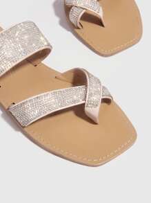 水鑽裝飾T字帶涼鞋 - 淺粉色 - 查看 4