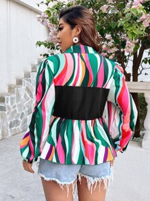 SHEIN LUNE Plus Colourblock Lantern Sleeve Peplum Blouse - Multicolor - View 2
