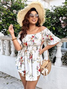 SHEIN Clasi Plus Size Boho Floral Print Off Shoulder Flounce Sleeve Peplum Blouse, For Summer - White - View 2