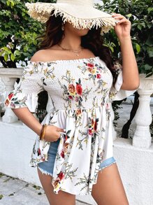 SHEIN Clasi Plus Size Boho Floral Print Off Shoulder Flounce Sleeve Peplum Blouse, For Summer - White - View 4