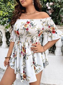 SHEIN Clasi Plus Size Boho Floral Print Off Shoulder Flounce Sleeve Peplum Blouse, For Summer - White - View 1