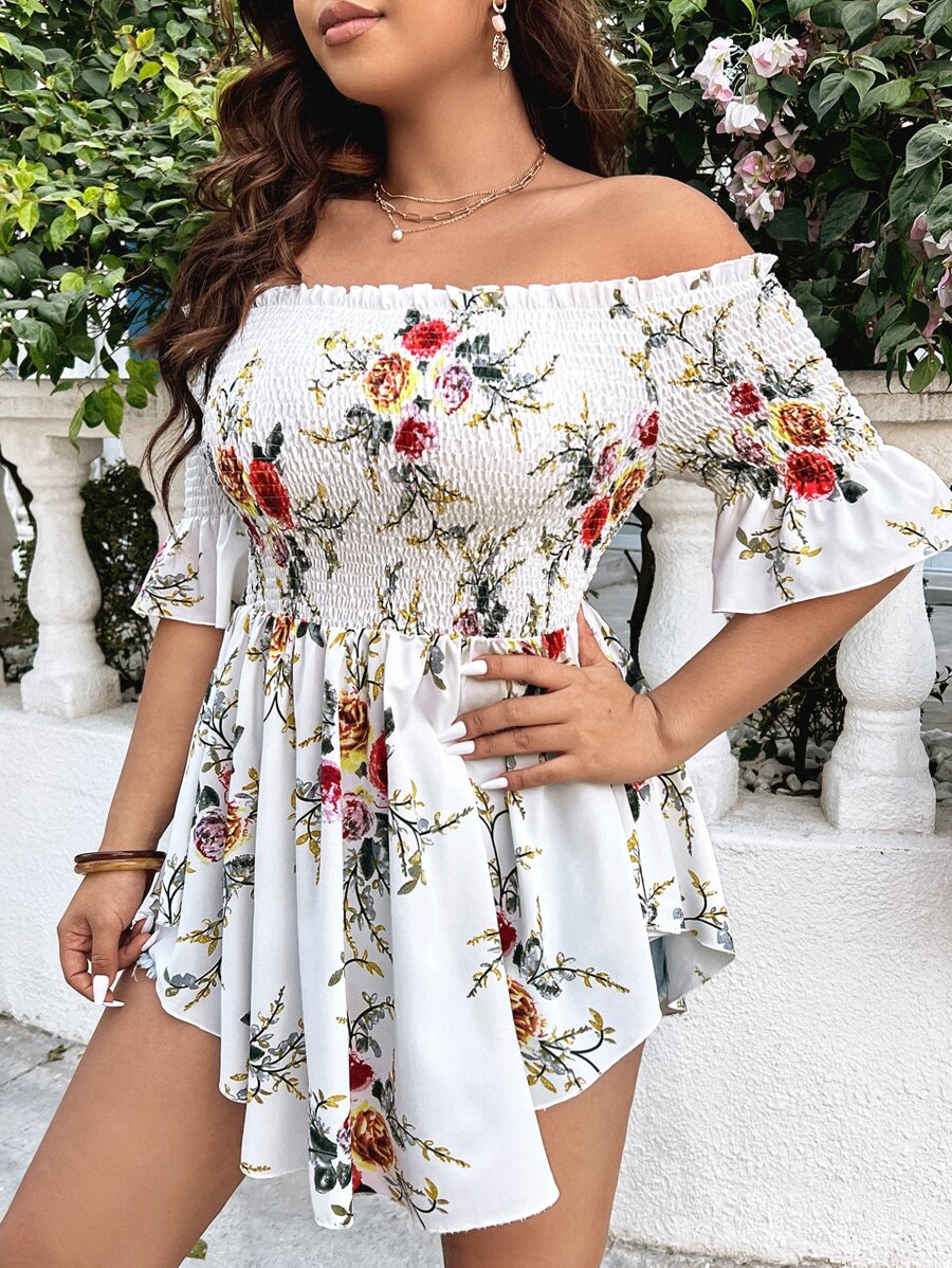 SHEIN Clasi Plus Size Boho Floral Print Off Shoulder Flounce Sleeve Peplum Blouse, For Summer - White - View 1
