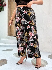 SHEIN Holidaya Plus Tropical Print Wide Leg Trousers - Multicolor - View 2