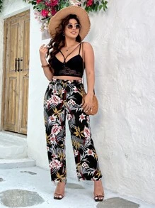 SHEIN Holidaya Plus Tropical Print Wide Leg Trousers - Multicolor - View 5