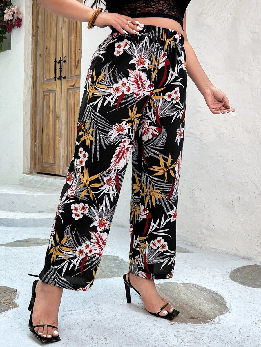 SHEIN Holidaya Plus Tropical Print Wide Leg Trousers - Multicolor - View 1