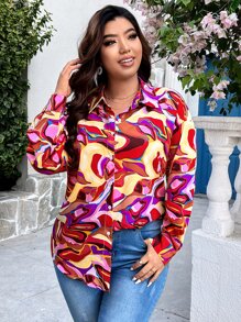 SHEIN LUNE Plus Allover Print Drop Shoulder Shirt - Multicolor - View 2
